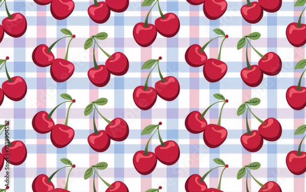 Fototapeta Cherry pattern illustration on a pastel gingham plaid background. Seamless design features bright red cherries arranged on a soft blue and pink checkered backdrop. Ideal for textile and wrapping paper
