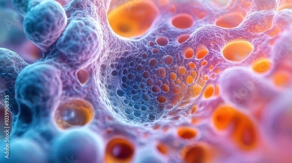 Fototapeta closeup of single cell division showcasing the intricate processes of life at a microscopic level the vibrant colors and detailed textures capture the beauty and complexity of biological science