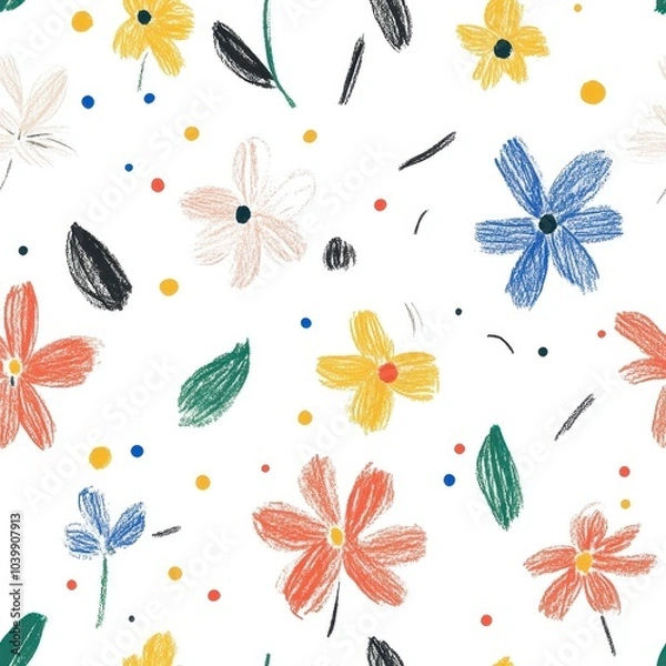 Fototapeta Whimsical Hand-Drawn Flowers and Dots Pattern in Bright Colors