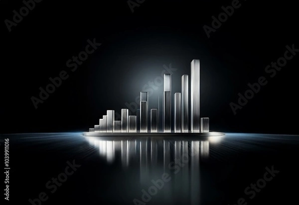 Fototapeta A silver cityscape silhouette rises in the center of a dark background with light beams radiating out from the bottom of the frame.