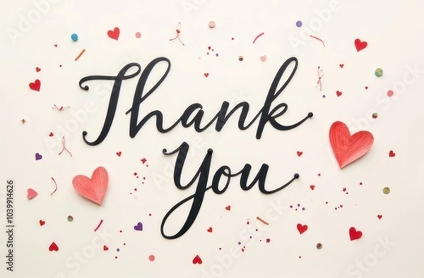 Fototapeta thank you text with swirling lines and confetti red hearts on light background
