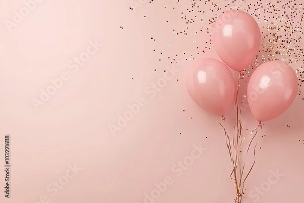 Fototapeta Three pink balloons with confetti on a soft pastel background.
