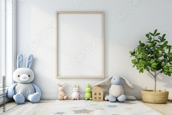 Fototapeta Cozy Child's Bedroom with Blank Frame and Soft Toys in Pastel Theme