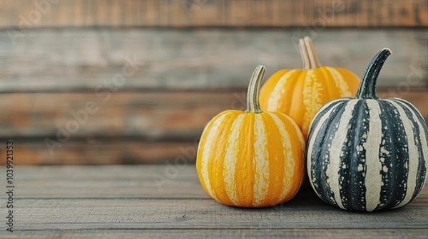 Obraz Three striped pumpkins on a rustic wooden table background.