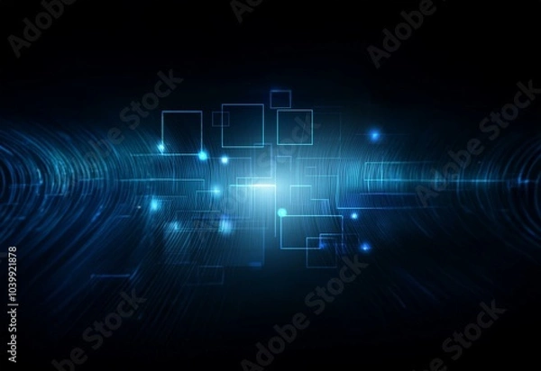 Fototapeta Abstract blue lines and glowing squares against a dark background.