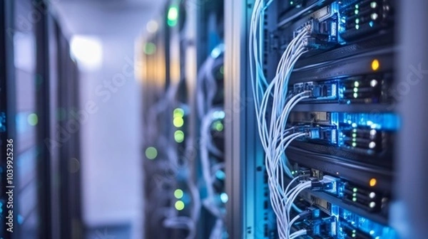 Fototapeta A high-speed internet data center, futuristic server room with rows of servers and fiber optic connections, Technological style