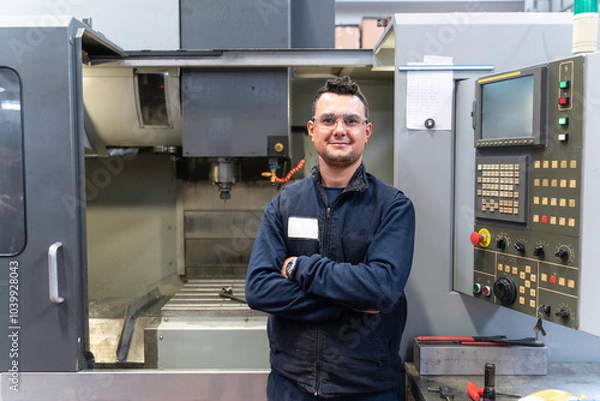 Obraz Professional lathe worker man working with milling machine in factory