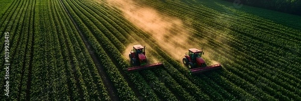Obraz Two red tractors plowing and cultivating rows of green agricultural fields in a scenic rural landscape. Aerial overhead view of modern farming equipment working in open countryside.