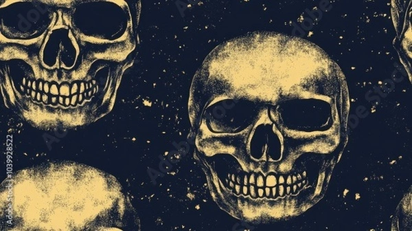 Fototapeta A seamless pattern of skulls with a grunge effect on a dark blue background.
