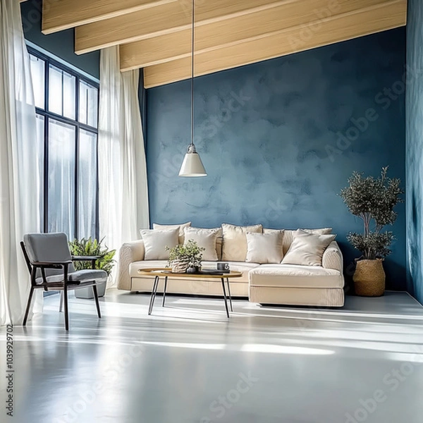 Fototapeta Loft interior design  modern living room with blue stucco wall