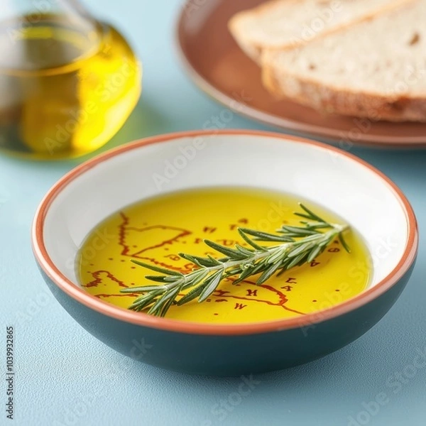 Fototapeta Olive oil dip with herbs, served in a bowl beside bread, white isolate background.