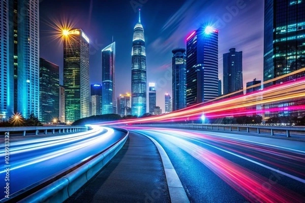 Obraz Dynamic Neon Speed Lines - Blurry Bright Car Trails on City Roads for Creative Design