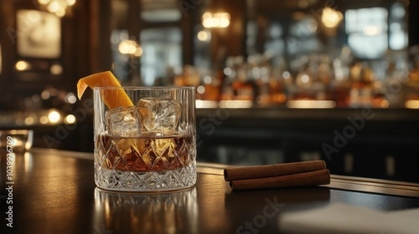 Fototapeta Whiskey Glass with Ice and Orange Twist at Bar