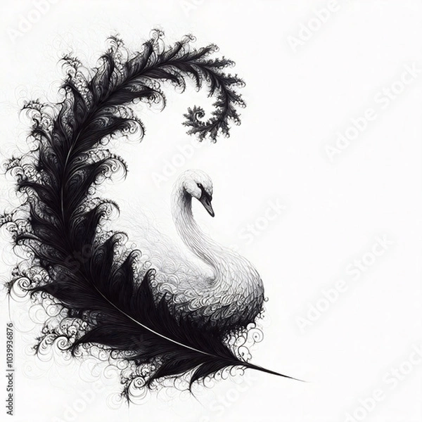 Obraz A minimalist fantasy with black ink and a swan feather on a white background on the theme of fractals
