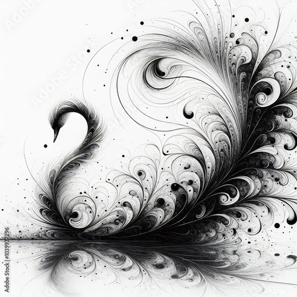 Obraz A minimalist fantasy with black ink and a swan feather on a white background on the theme of fractals