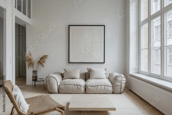 Fototapeta Minimalistic scandinavian interior design with cozy sofa and natural light