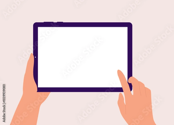 Obraz A Person’s Hand Using A Digital Tablet With Blank Screen.