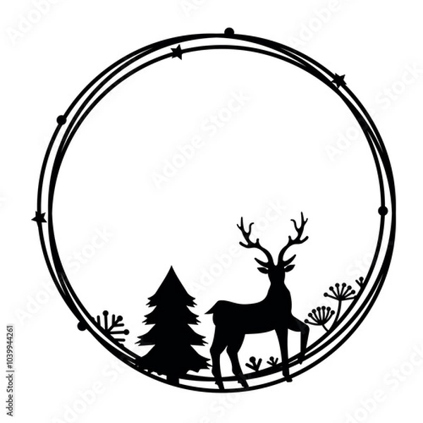 Fototapeta Christmas decorative frame with deer, black silhouette