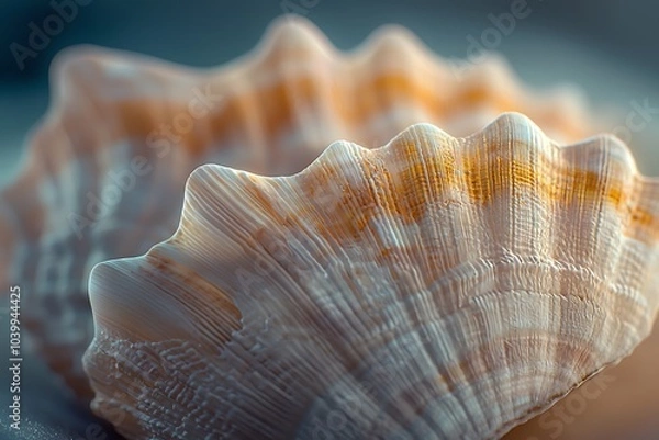 Obraz A close-up view of a textured seashell, showcasing its intricate patterns and soft, natural colors against a blurred background.