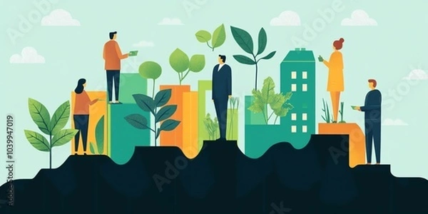 Obraz Sustainable growth in healthcare investment, food transformation led by mentor, flat design illustration