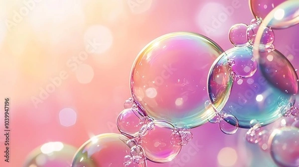 Fototapeta A close-up view of colorful soap bubbles against a soft, dreamy background, showcasing iridescent shades and gentle reflections.