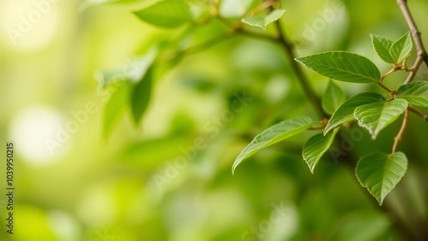 Fototapeta Closeup of green leaves on a branch