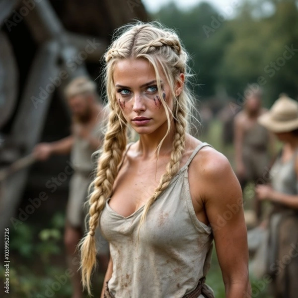 Fototapeta Fierce Viking woman with braided blonde hair, dirt-streaked face, intense blue eyes, and warrior expression in a rustic setting. Authentic Nordic historical look, powerful and captivating