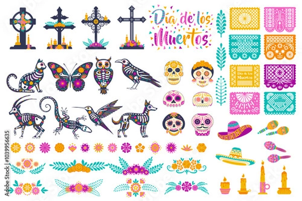 Obraz large set elements Mexican day of the dead with skeletons of animals with flowers, botanical floral borders, altars with crosses grave, sugar skulls and papel picado isolated on a white background