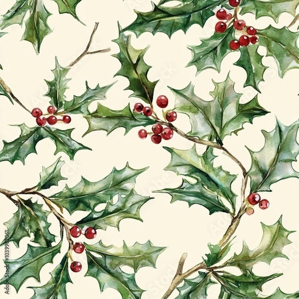 Fototapeta New Year and Christmas seamless watercolor pattern of holly branches on beige background, for printing on fabric, wrapping paper, wallpaper