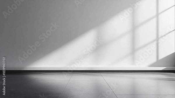 Fototapeta White background, Studio Kitchen Wall Surface with Light Shadow on Podium,Empty Room Cement Texture with Sunlight on Shelf,Blank Backdrop Display Grey Concrete for Cosmetic Product in Spring, Summer.