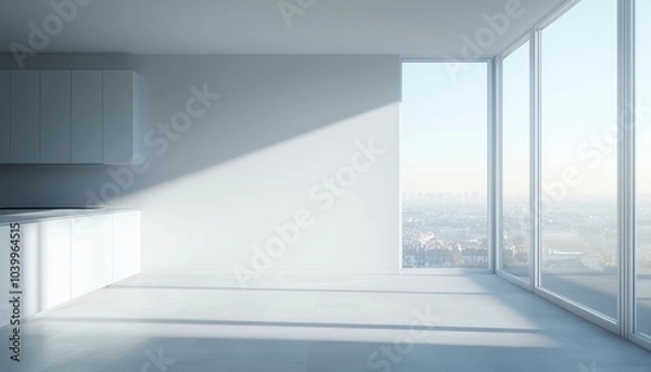 Fototapeta Modern interior space with large windows and minimalistic design.