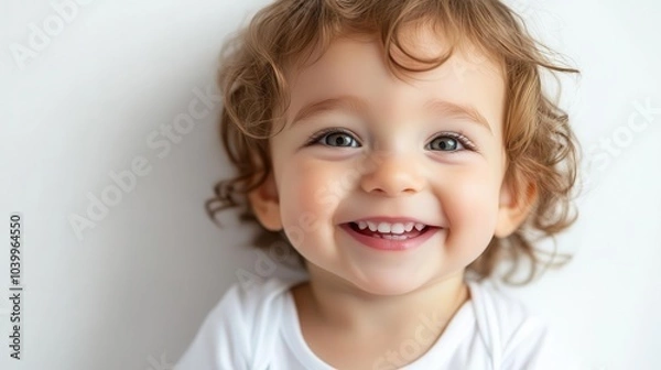Fototapeta charming portrait of a beaming child, eyes sparkling with joy, radiating happiness and innocence, perfectly set against a crisp white background that emphasizes the child's delightful expression