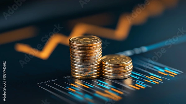 Fototapeta Stacks of coins on a financial chart, symbolizing wealth growth and investment progress in a modern economic environment.