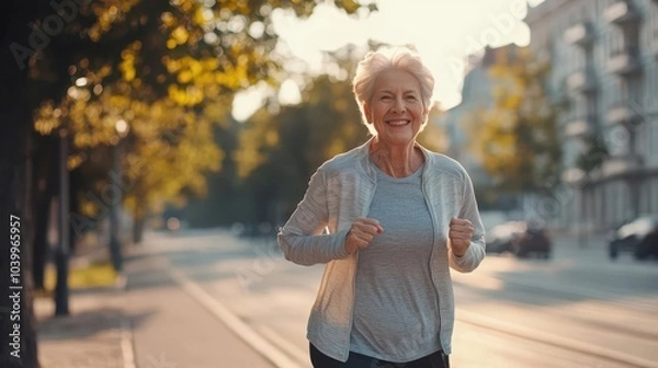 Obraz cheerful senior woman running outdoors, exuding vitality and happiness while exercising in a city setting, embracing fitness and a healthy lifestyle despite age
