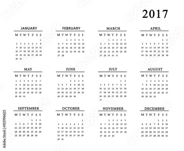 Obraz Calendar for 2017 on white background.