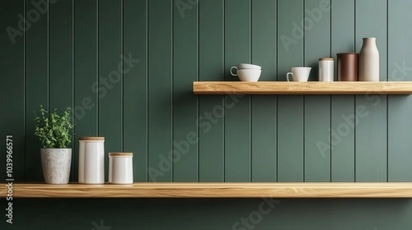 Obraz chic kitchen featuring green wall panelling complemented by a sleek wooden shelf, creating a harmonious blend of style and functionality in a modern home