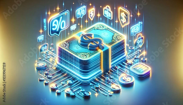 Fototapeta 3D Macro Shot Glowing Holographic Banknote Floating Discount Tags Financial Promotions Business Advertising Strategies Ample Copy Space Futuristic Design Icon Isolated White Background