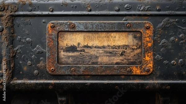 Fototapeta A vintage photo of a town is embedded in a rusty metal surface.