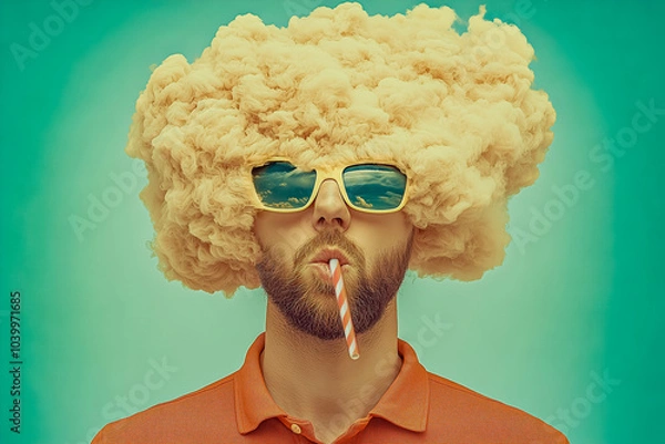 Obraz A surreal portrait of a man with a head in a cloud, wearing sunglasses reflecting a sky with clouds, and sipping through a striped straw