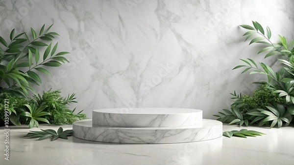 Fototapeta Close-up white marble box podium with decorative leaves on white background