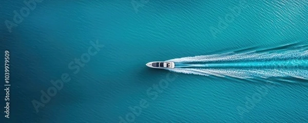 Fototapeta Aerial view of a boat creating waves in turquoise water.