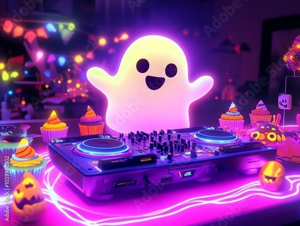Obraz A glowing neon cute ghost DJing at a Halloween party, surrounded by food characters like spooky candy corn and cupcakes, vibrant neon audio waves pulsing, playful atmosphere