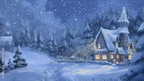 Obraz Christmas Architecture Winter Landscape Illustration - a charming and picturesque scene. The illustration captures the beauty of winter architecture adorned for the holidays.