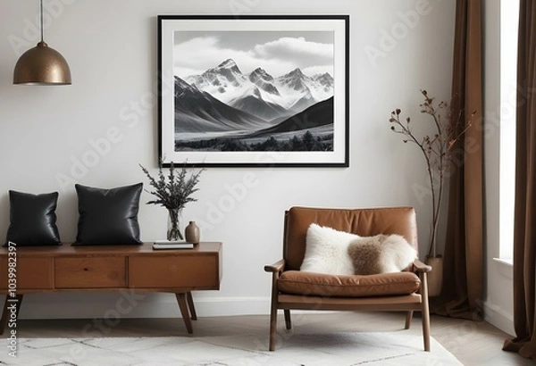 Fototapeta A black and white landscape photograph of snow-capped mountains in the distance, framed and hanging on a wall above a brown leather armchair and a wooden side table with decorative elements.