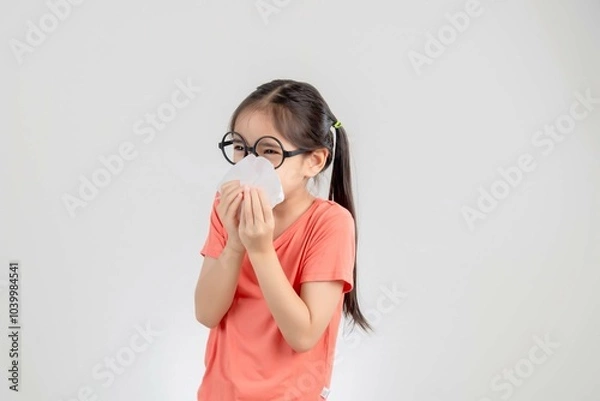 Obraz Asian child girl sick with sneezing on the nose and cold cough on tissue paper because weak or virus and bacteria from dust weather