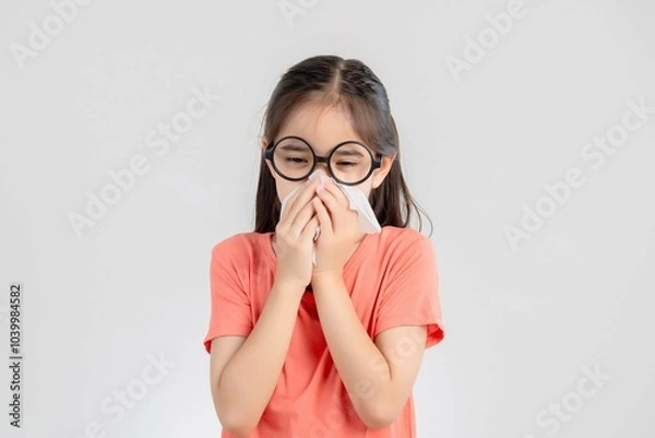 Obraz Asian child girl sick with sneezing on the nose and cold cough on tissue paper because weak or virus and bacteria from dust weather