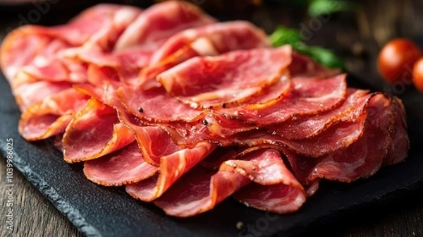 Obraz Sliced cured meat arranged on a dark slate plate with fresh ingredients.