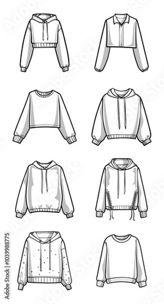 Fototapeta Black and white line art illustration of a stylish sweatshirt, showcasing a trendy fashion design in vector outline style