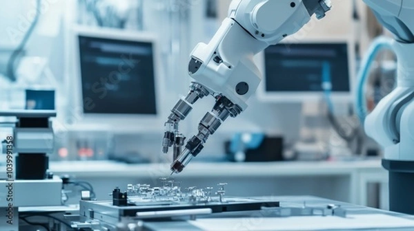 Obraz A robot assembling precision medical devices in a modern biomedical engineering lab, clean and sterile environment, Medical-tech style
