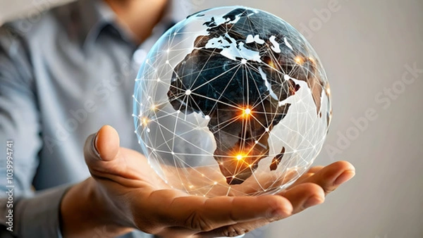 Fototapeta Glossy Hand Touching Holographic Globe Image, Interconnected Lines Symbolizing Global Data Network, Ample Copy Space, Conceptual Photo Stock for Human Interaction and Technology Representation
